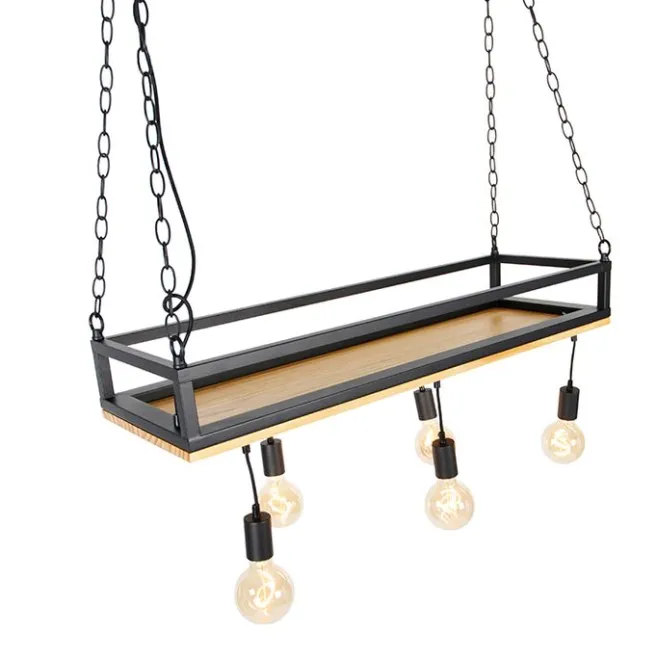 QAZQA Industrielle Hängelampe schwarz mit Holz 5-Licht - Regal