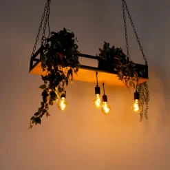 QAZQA Industrielle Hängelampe schwarz mit Holz 5-Licht - Regal