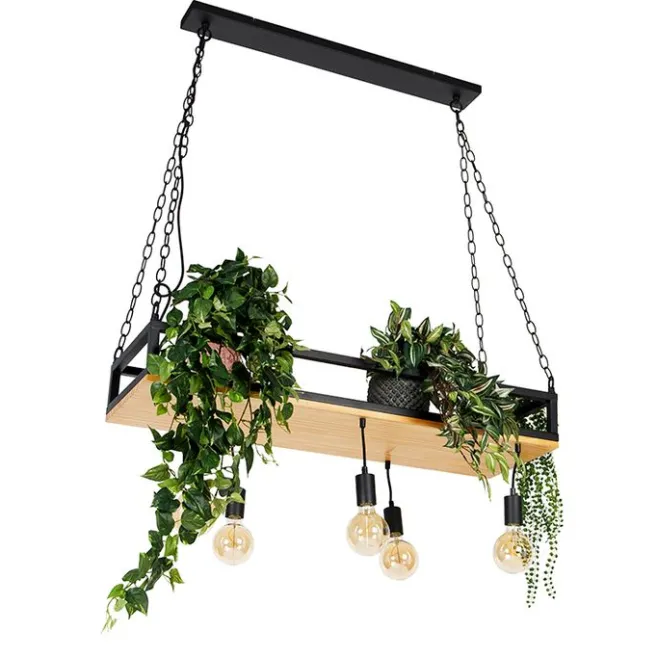 QAZQA Industrielle Hängelampe schwarz mit Holz 5-Licht - Regal