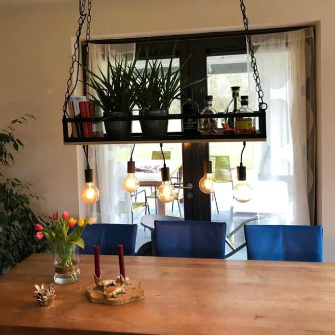 QAZQA Industrielle Hängelampe schwarz mit Holz 5-Licht - Regal