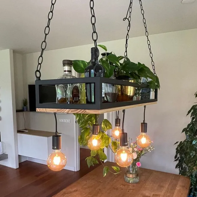 QAZQA Industrielle Hängelampe schwarz mit Holz 5-Licht - Regal