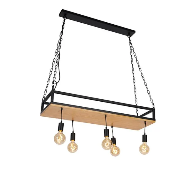 QAZQA Industrielle Hängelampe schwarz mit Holz 5-Licht - Regal