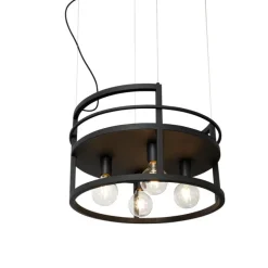 QAZQA Industrielle Hängelampe schwarz mit rundem 4-Licht-Rack - Cage Rack