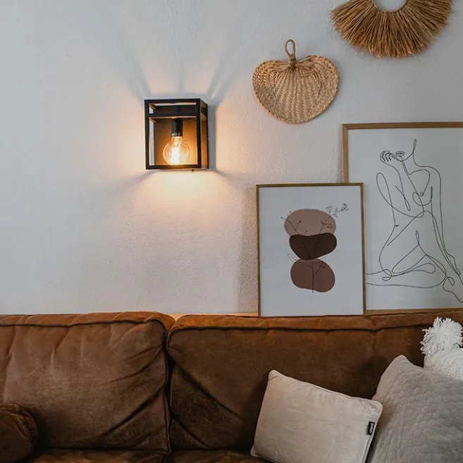 QAZQA Industrielle Wandleuchte schwarz mit Gestell - Cage Rack