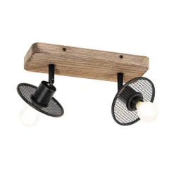 QAZQA Industrieller Deckenstrahler schwarz mit Holz 2-flammig - Jasmijn