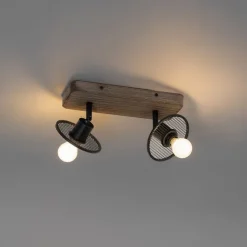 QAZQA Industrieller Deckenstrahler schwarz mit Holz 2-flammig - Jasmijn