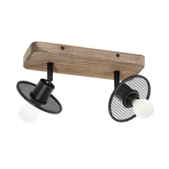 QAZQA Industrieller Deckenstrahler schwarz mit Holz 2-flammig - Jasmijn