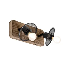 QAZQA Industrieller Deckenstrahler schwarz mit Holz 2-flammig - Jasmijn