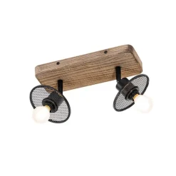 QAZQA Industrieller Deckenstrahler schwarz mit Holz 2-flammig - Jasmijn