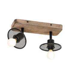 QAZQA Industrieller Deckenstrahler schwarz mit Holz 2-flammig - Jasmijn