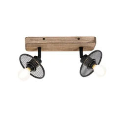 QAZQA Industrieller Deckenstrahler schwarz mit Holz 2-flammig - Jasmijn