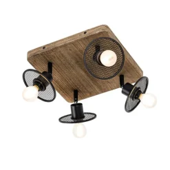 QAZQA Industrieller Deckenstrahler schwarz mit Holz 4-flammig - Jasmijn