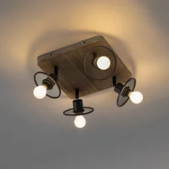 QAZQA Industrieller Deckenstrahler schwarz mit Holz 4-flammig - Jasmijn