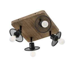 QAZQA Industrieller Deckenstrahler schwarz mit Holz 4-flammig - Jasmijn