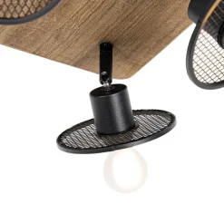 QAZQA Industrieller Deckenstrahler schwarz mit Holz 4-flammig - Jasmijn