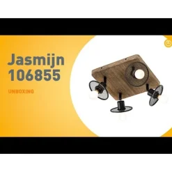 QAZQA Industrieller Deckenstrahler schwarz mit Holz 4-flammig - Jasmijn