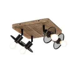 QAZQA Industrieller Deckenstrahler schwarz mit Holz 4-flammig - Jasmijn