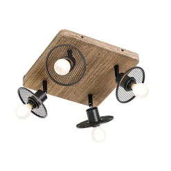 QAZQA Industrieller Deckenstrahler schwarz mit Holz 4-flammig - Jasmijn