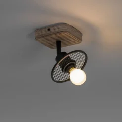 QAZQA Industrieller Deckenstrahler schwarz mit Holz - Jasmijn