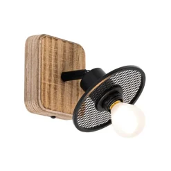 QAZQA Industrieller Deckenstrahler schwarz mit Holz - Jasmijn