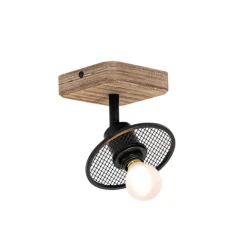 QAZQA Industrieller Deckenstrahler schwarz mit Holz - Jasmijn