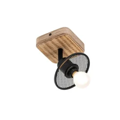 QAZQA Industrieller Deckenstrahler schwarz mit Holz - Jasmijn