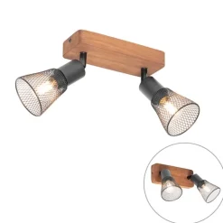QAZQA Industrie-Spot schwarz mit Holz 2-flammig - Kristina