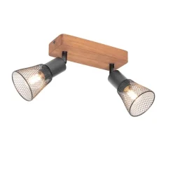 QAZQA Industrie-Spot schwarz mit Holz 2-flammig - Kristina