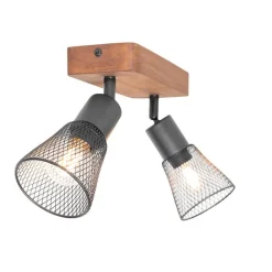 QAZQA Industrie-Spot schwarz mit Holz 2-flammig - Kristina