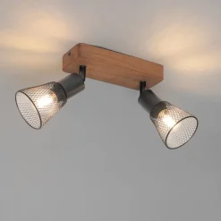 QAZQA Industrie-Spot schwarz mit Holz 2-flammig - Kristina