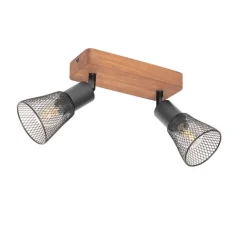 QAZQA Industrie-Spot schwarz mit Holz 2-flammig - Kristina