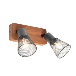 QAZQA Industrie-Spot schwarz mit Holz 2-flammig - Kristina