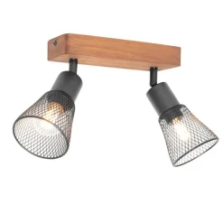 QAZQA Industrie-Spot schwarz mit Holz 2-flammig - Kristina