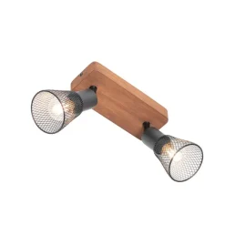 QAZQA Industrie-Spot schwarz mit Holz 2-flammig - Kristina