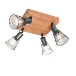 QAZQA Industrie-Spot schwarz mit Holz 4-flammig - Kristina
