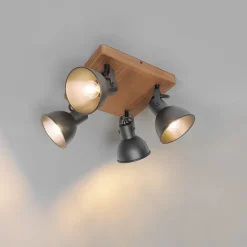 QAZQA Industrie-Spot schwarz mit Holz neigbar 4-flammig - Tommy