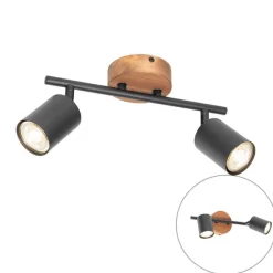 QAZQA Industrie-Spot schwarz mit Holz schwenkbar 2 Lichter - Jeana