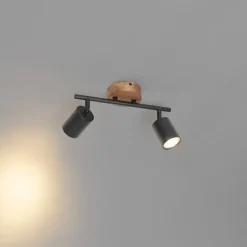 QAZQA Industrie-Spot schwarz mit Holz schwenkbar 2 Lichter - Jeana
