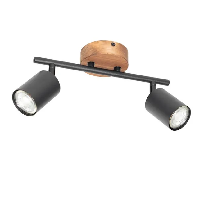 QAZQA Industrie-Spot schwarz mit Holz schwenkbar 2 Lichter - Jeana
