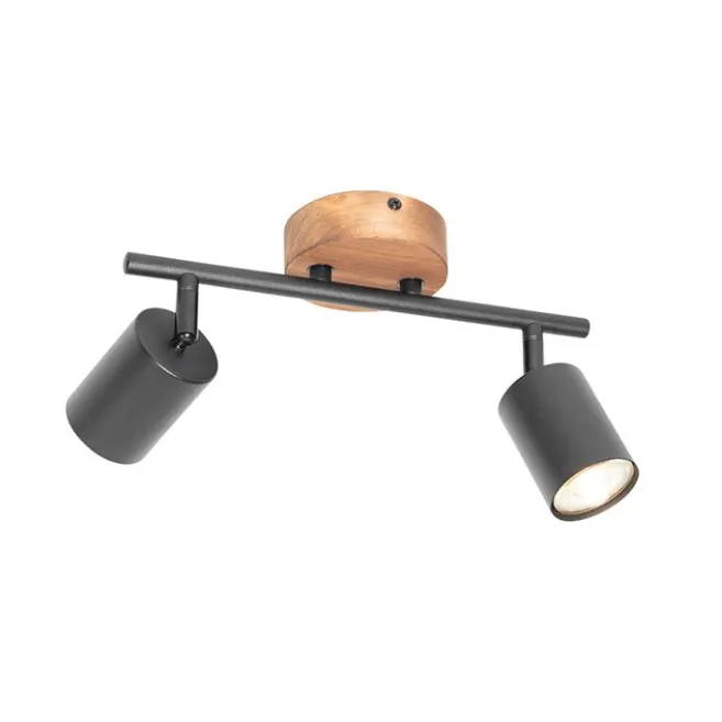 QAZQA Industrie-Spot schwarz mit Holz schwenkbar 2 Lichter - Jeana