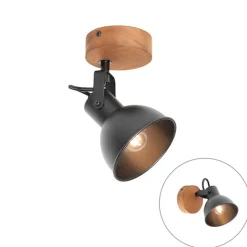 QAZQA Industrie-Spot schwarz mit Holz neigbar - Tommy