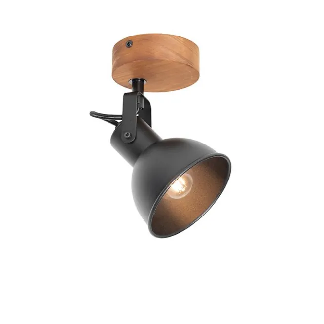 QAZQA Industrie-Spot schwarz mit Holz neigbar - Tommy