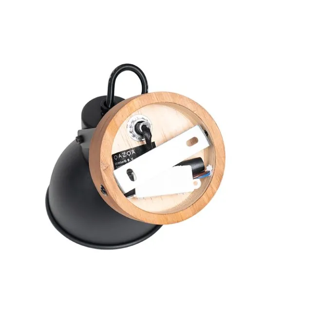 QAZQA Industrie-Spot schwarz mit Holz neigbar - Tommy