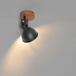 QAZQA Industrie-Spot schwarz mit Holz neigbar - Tommy