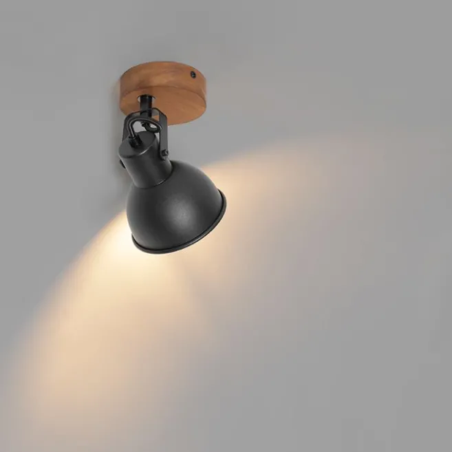 QAZQA Industrie-Spot schwarz mit Holz neigbar - Tommy