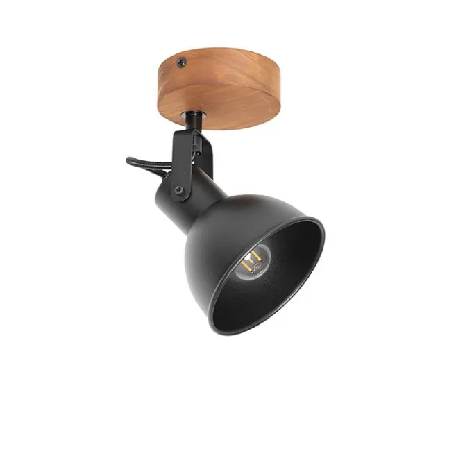QAZQA Industrie-Spot schwarz mit Holz neigbar - Tommy