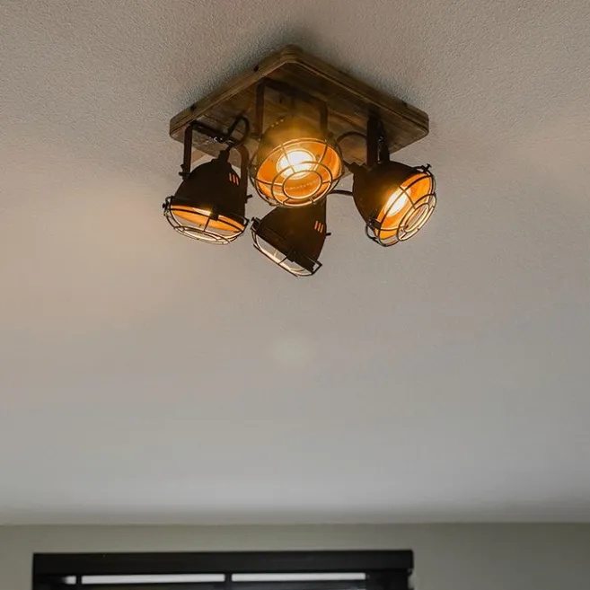 QAZQA Industriestrahler rostbraun mit Holz kippbar 4-Licht - Gina