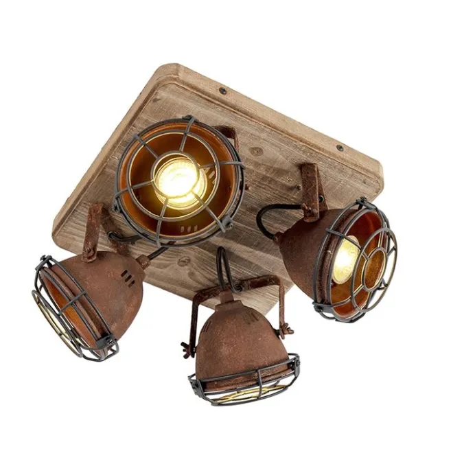 QAZQA Industriestrahler rostbraun mit Holz kippbar 4-Licht - Gina