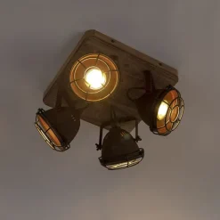 QAZQA Industriestrahler rostbraun mit Holz kippbar 4-Licht - Gina