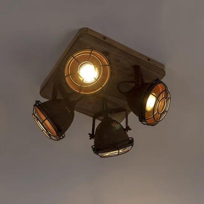 QAZQA Industriestrahler rostbraun mit Holz kippbar 4-Licht - Gina